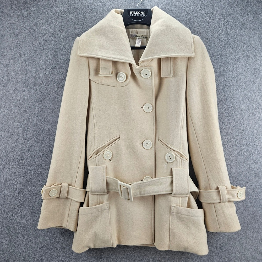 AMERICAN RAG CIE Trench Coat Womens S Cream Wool Blend Belted Peacoat Warm
